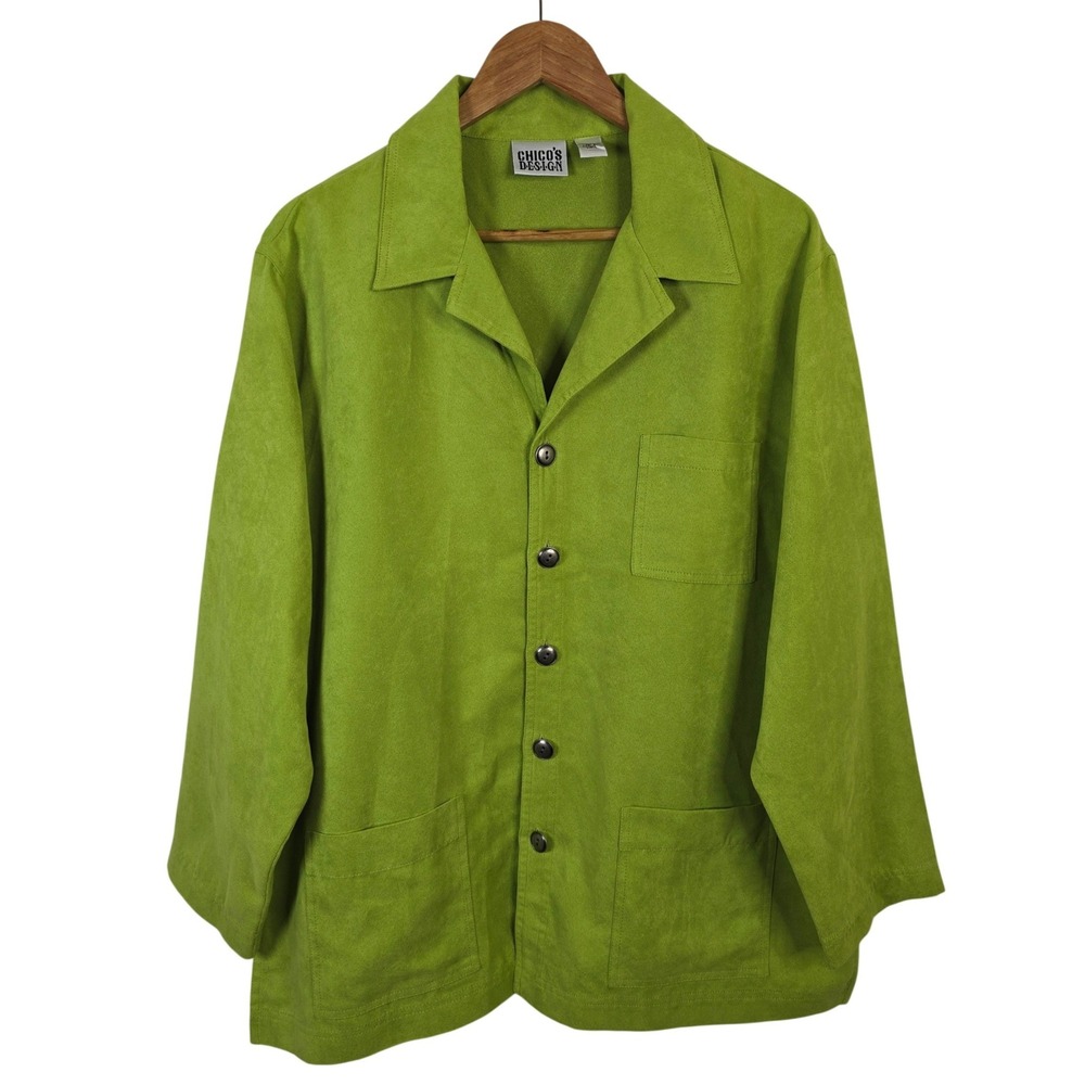 Chicos Design Lime Green Faux Suede Button Front Chore Jacket Shacket Size 3